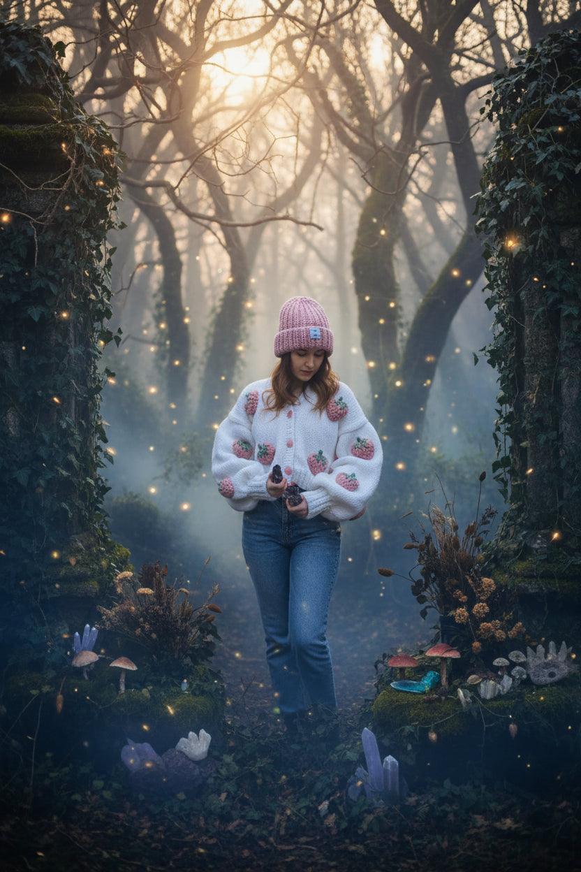 Woman wearing a white knitted cardigan with pink strawberry patterns and a matching pink beanie.