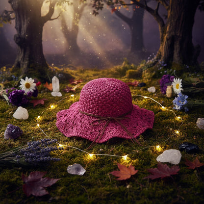 Pink crochet hat on a wooden stand with a blurred background