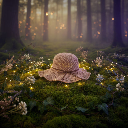 Pink crochet hat with a bow on a wooden stand against a blurred background