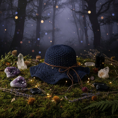 Blue crochet hat with a brown ribbon on a wooden stand against a blurred background