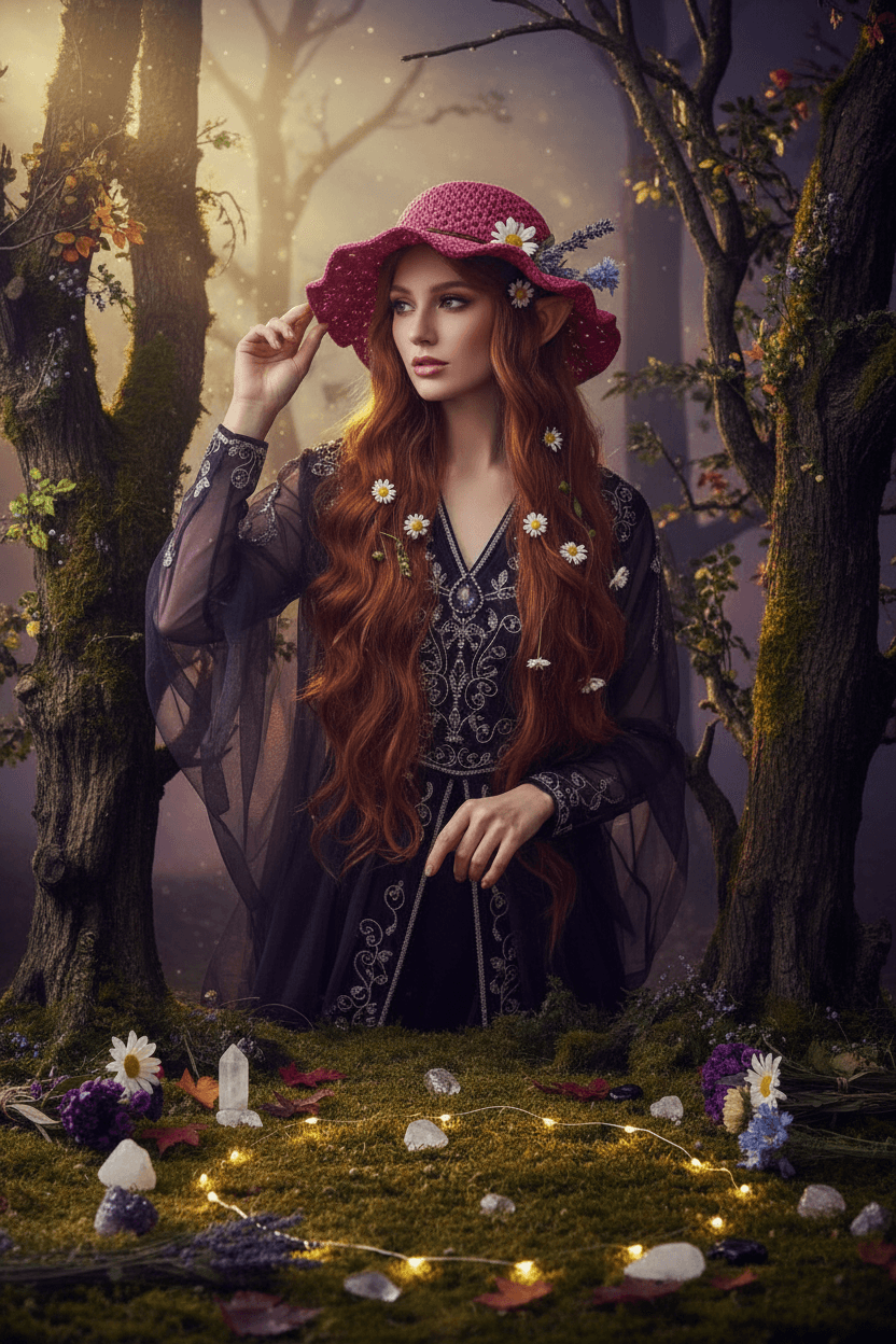 Fae Crochet Hat - Sorceress Sanctuary Rose Red / One size-Beige / One size-Cream white / One size-Pink / One size-Khaki / One size  