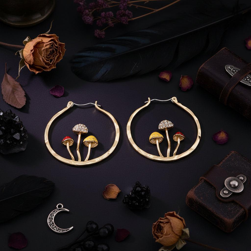 Gold hoop earrings with mushroom designs and measurements on a white background