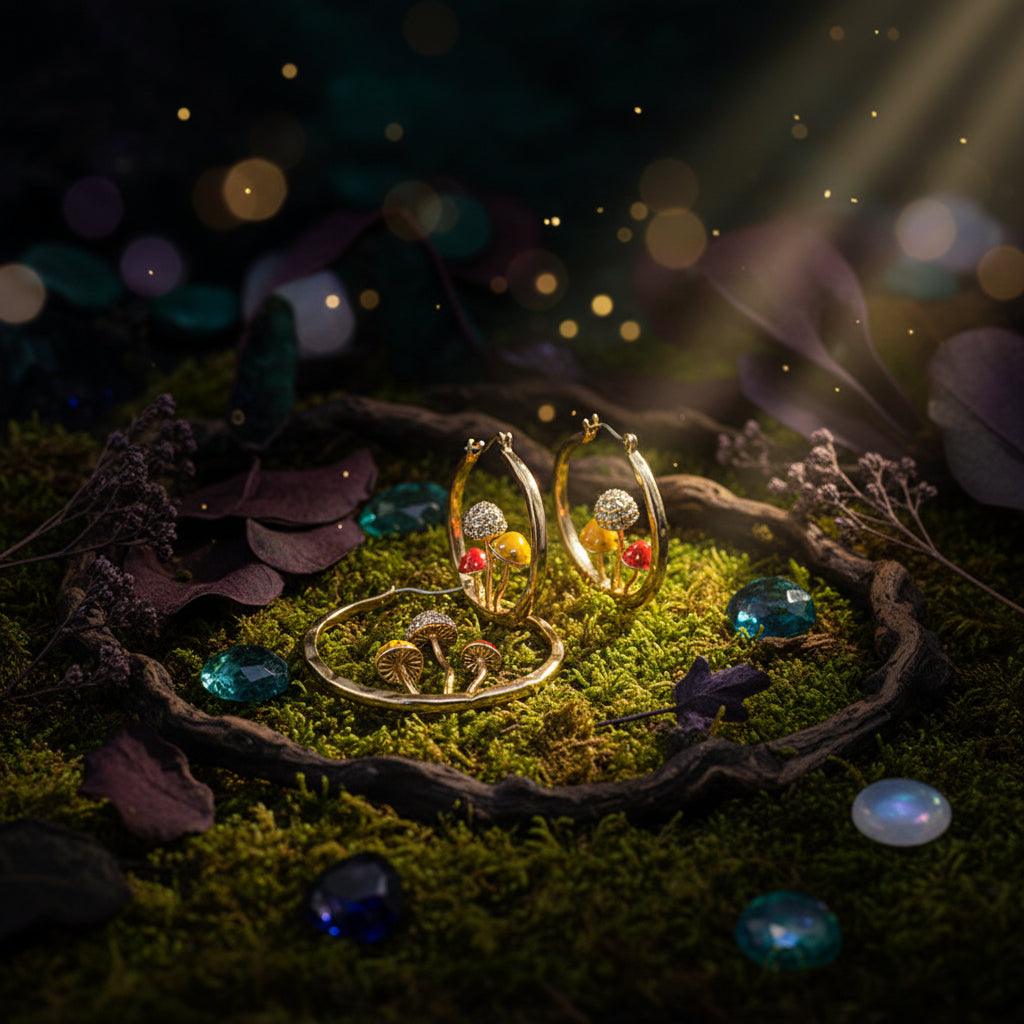 Gold hoop earrings with mushroom designs on a light background