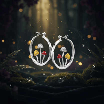 Silver hoop earrings with colorful mushroom designs on a white background