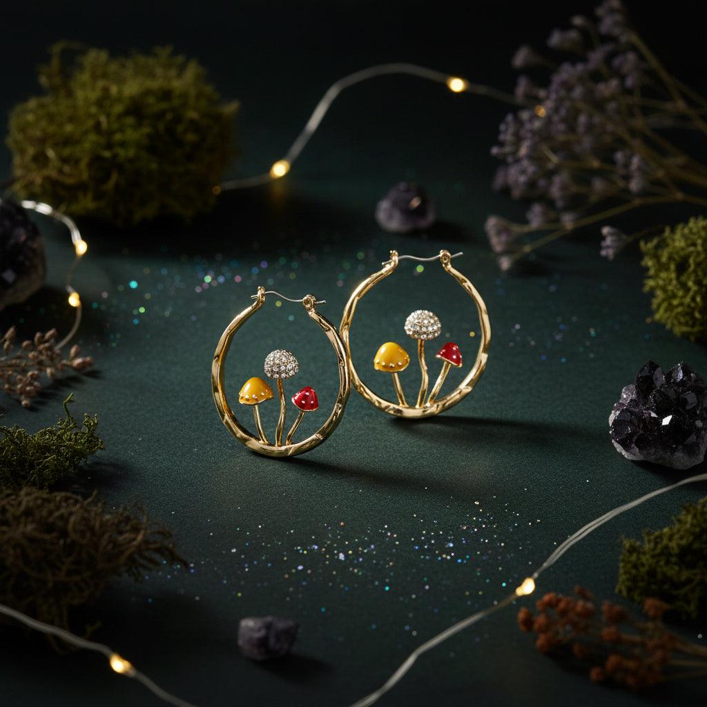 Gold hoop earrings with floral designs on a white background