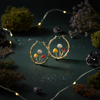 Gold hoop earrings with floral designs on a white background