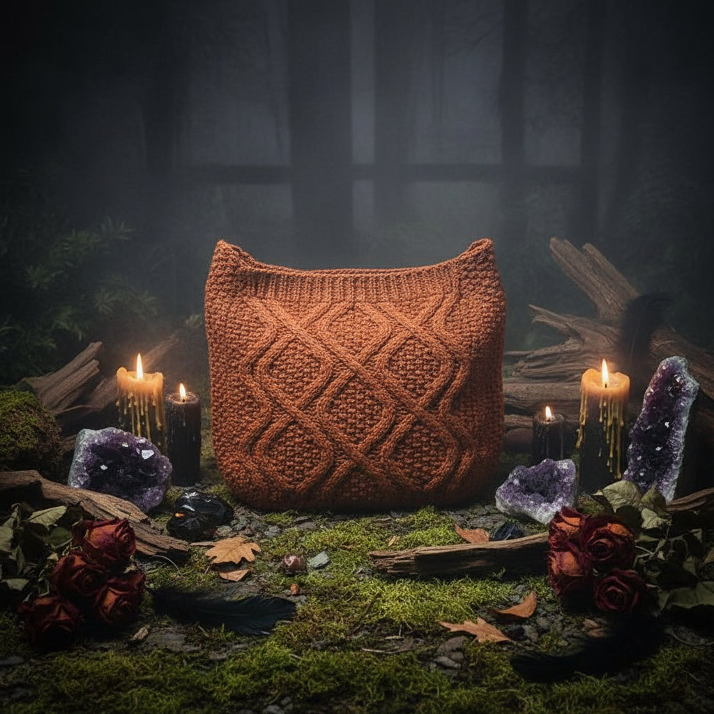 Brown knitted bag on a white surface with a magazine underneath