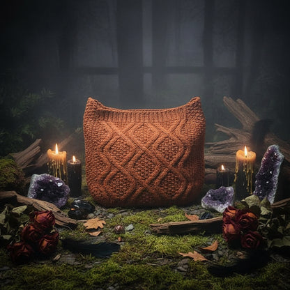 Brown knitted bag on a white surface with a magazine underneath