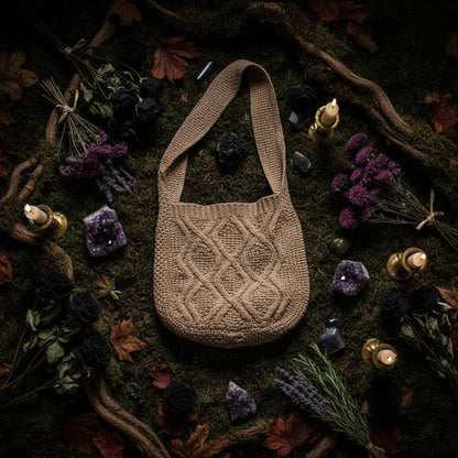 Knitted brown bag on a white surface with a magazine underneath