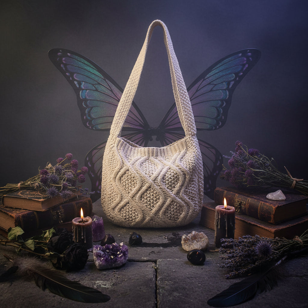 Beige knitted bag on a light gray surface with a magazine underneath