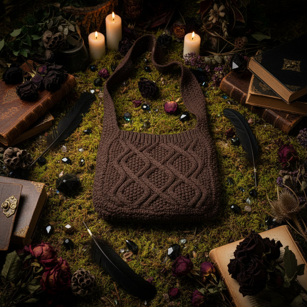 Brown knitted bag on a white surface with a magazine underneath