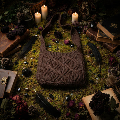 Brown knitted bag on a white surface with a magazine underneath