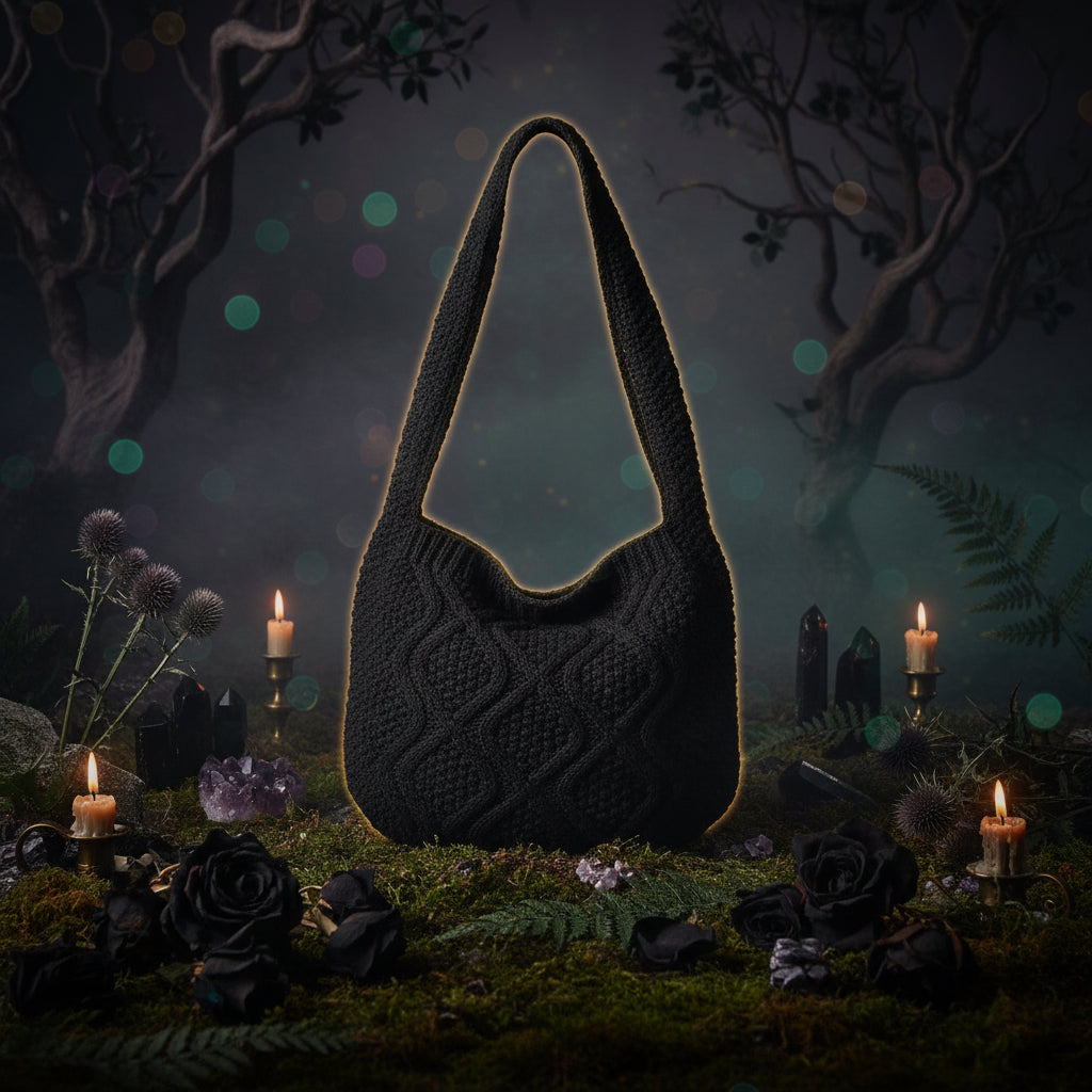 Black knitted bag on a white surface with a magazine underneath