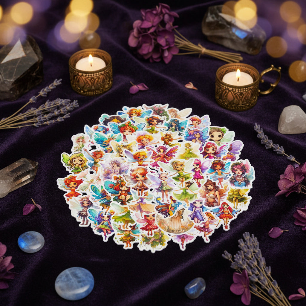 Collection of colorful fairy stickers arranged in a circular pattern on a white background.
