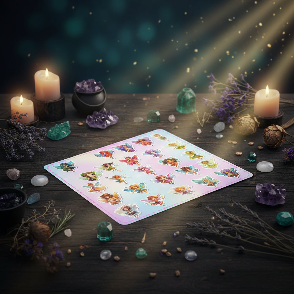 Colorful fairy stickers on a pastel background