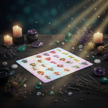 Colorful fairy stickers on a pastel background