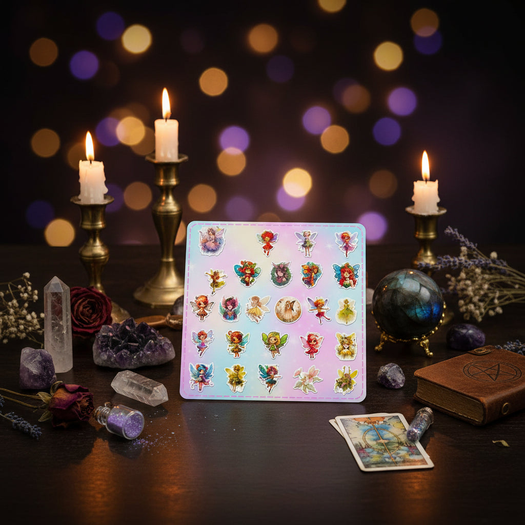 Collection of colorful fairy stickers on a pastel background