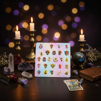 Collection of colorful fairy stickers on a pastel background