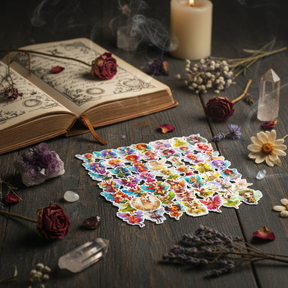 Collection of colorful fairy stickers with various designs on a white background