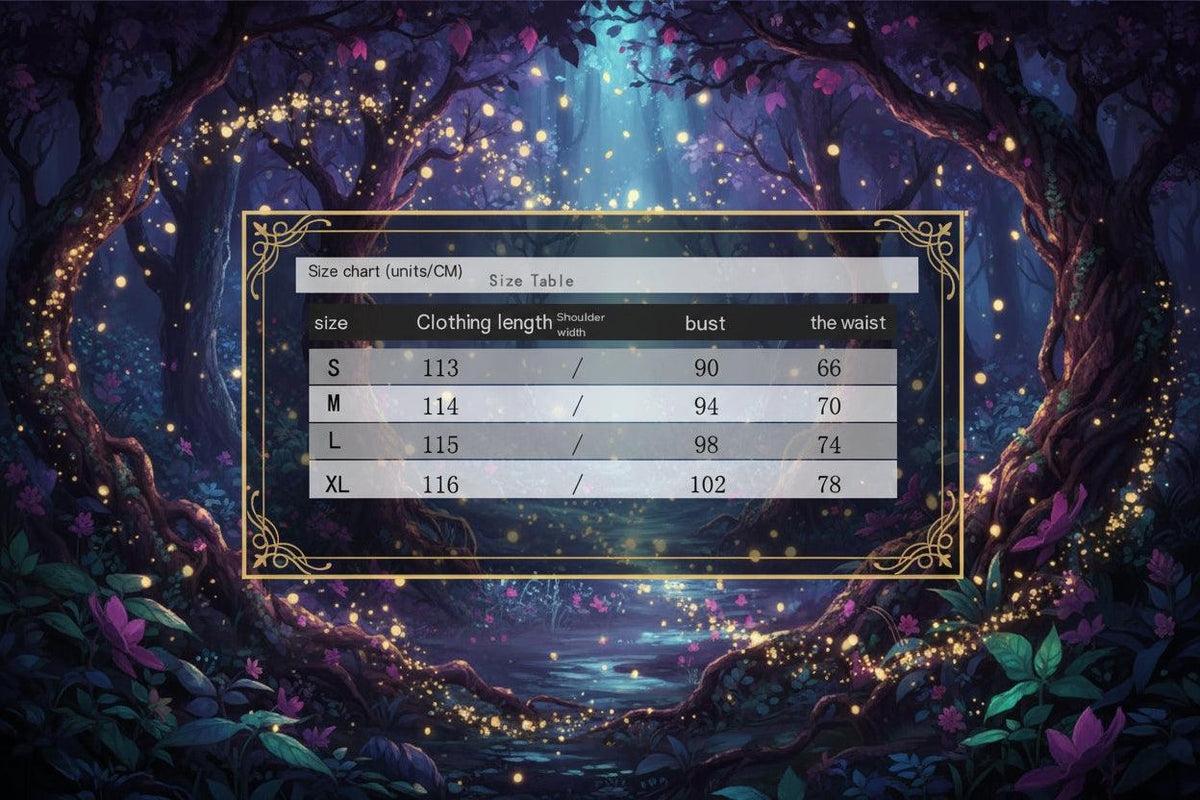 Size chart for clothing measurements in centimeters
