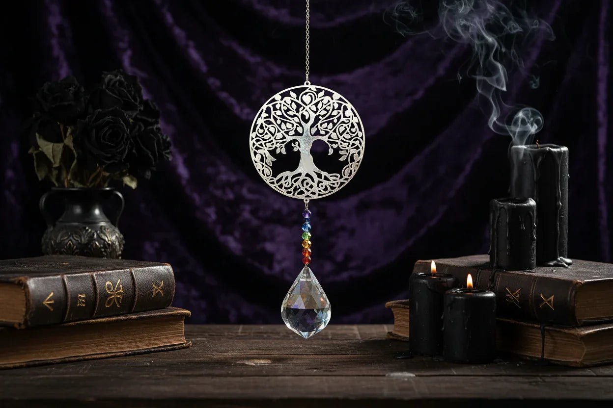 Fantasy Sun Catcher - Sorceress Sanctuary Dream catcher + 45mm sunflower-Metal tree + 76mm new pipa-Peony + 63mm Maple Leaf-Hummingbird + 63mm new pipa-Genie + 63mm angel tears