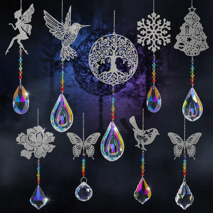 Fantasy Sun Catcher - Sorceress Sanctuary Dream catcher + 45mm sunflower-Metal tree + 76mm new pipa-Peony + 63mm Maple Leaf-Hummingbird + 63mm new pipa-Genie + 63mm angel tears