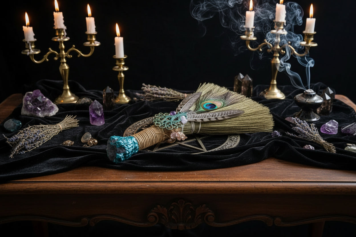 Feather Witch Broom - Sorceress Sanctuary Green / 30cm x 15cm