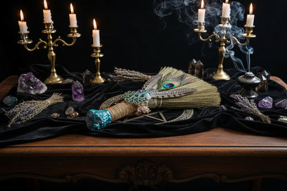 Feather Witch Broom - Sorceress Sanctuary Green / 30cm x 15cm