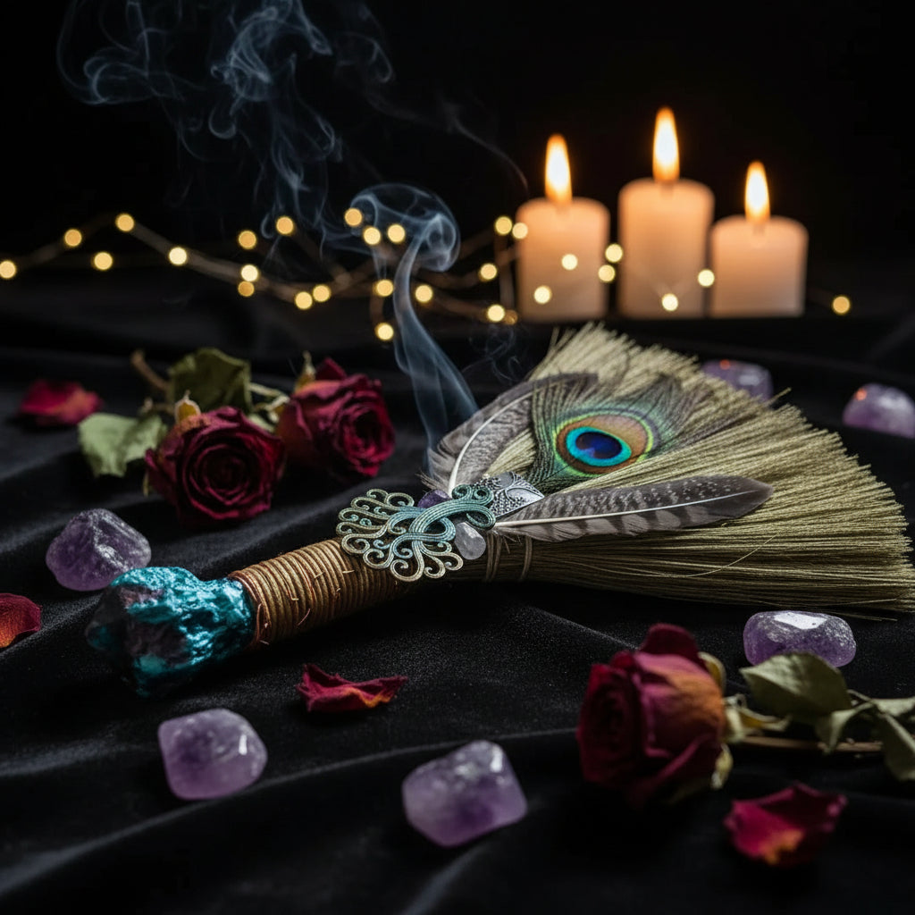 Feather Witch Broom - Sorceress Sanctuary Green / 30cm x 15cm