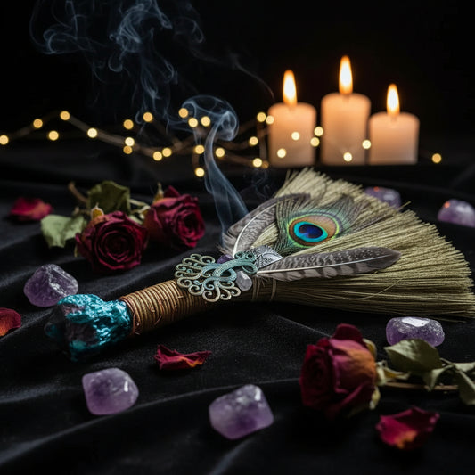 Feather Witch Broom - Sorceress Sanctuary Green / 30cm x 15cm