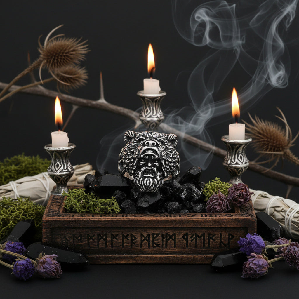 Silver lion head ring on a stone surface with a dark background