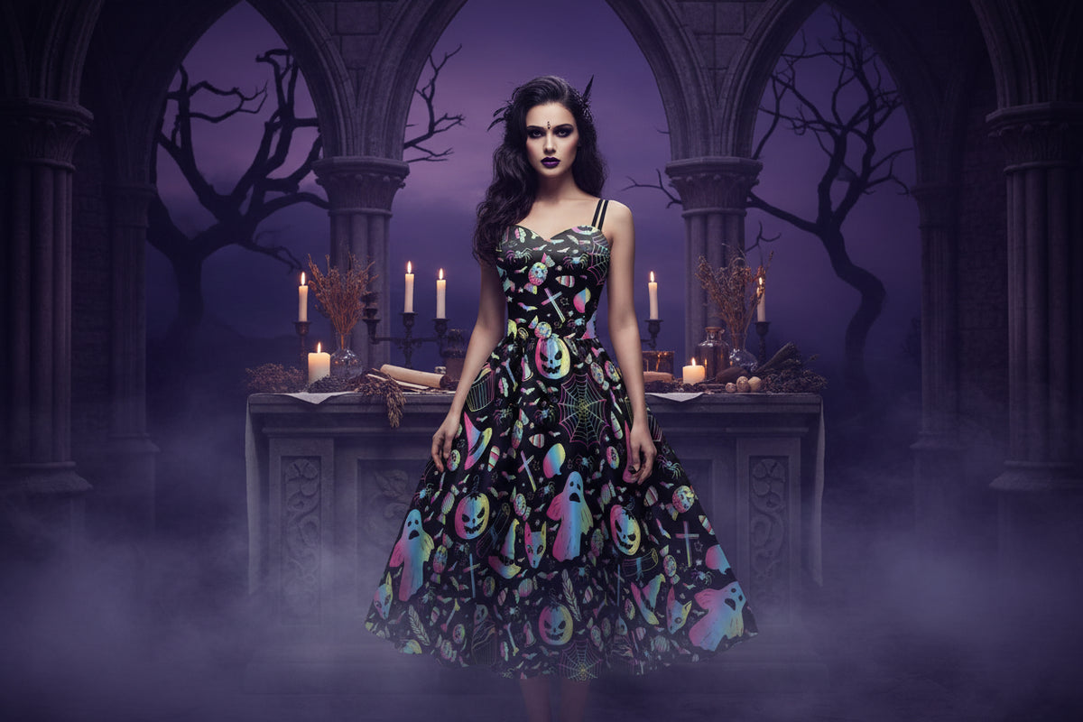 Flared Halloween Dresses - Sorceress Sanctuary Ghost Iridescent / M-Ghost Iridescent / S-Spider Webs / M-Spider Webs / S-Red / M