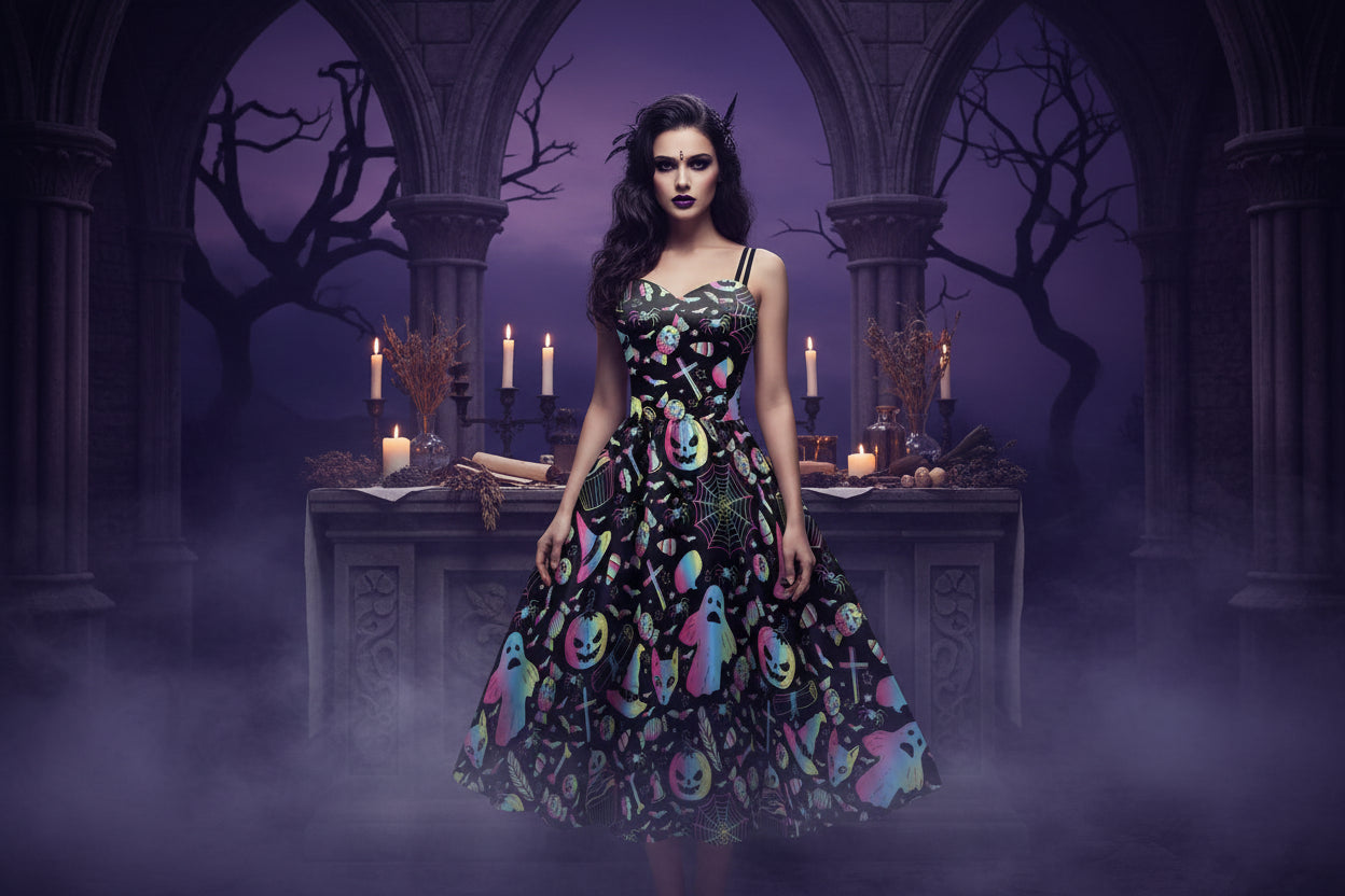 Flared Halloween Dresses - Sorceress Sanctuary Ghost Iridescent / M-Ghost Iridescent / S-Spider Webs / M-Spider Webs / S-Red / M