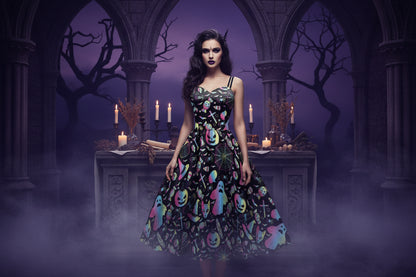 Flared Halloween Dresses - Sorceress Sanctuary Ghost Iridescent / M-Ghost Iridescent / S-Spider Webs / M-Spider Webs / S-Red / M