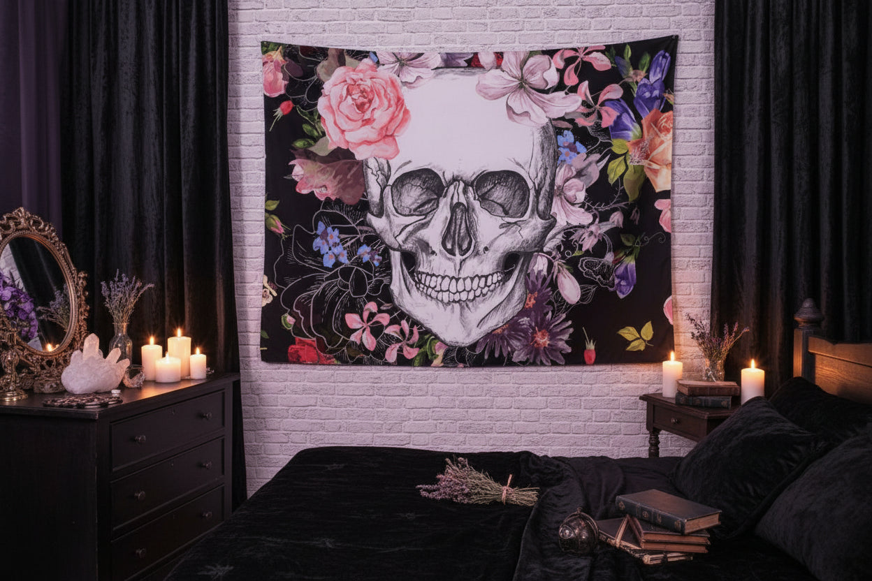 Skull with colorful flowers on a black background