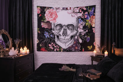 Skull with colorful flowers on a black background