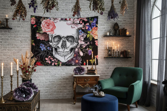 Skull with colorful flowers on a black background