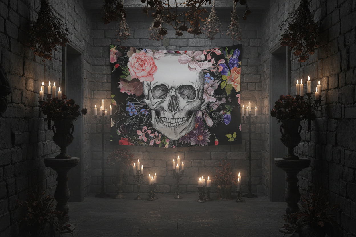 Skull with colorful flowers on a black background