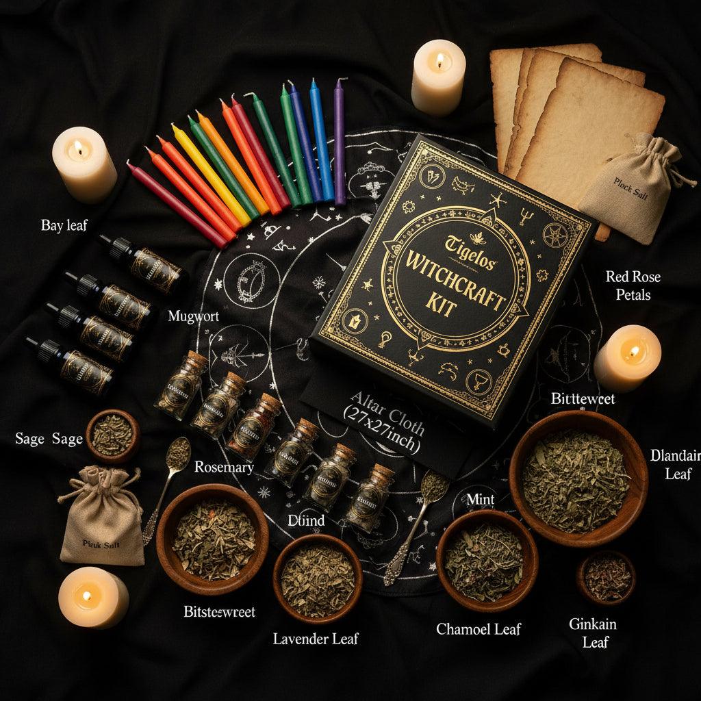 Witchcraft kit with dried herbs, color candles, essential oils, and crystals on a white background.