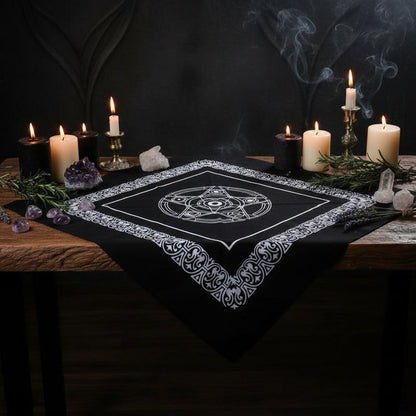 Black cloth with white pentagram design on a white background