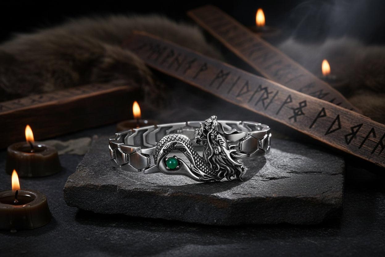 Men's Bracelet with Green Gem Dragon Totem Sorceress Sanctuary