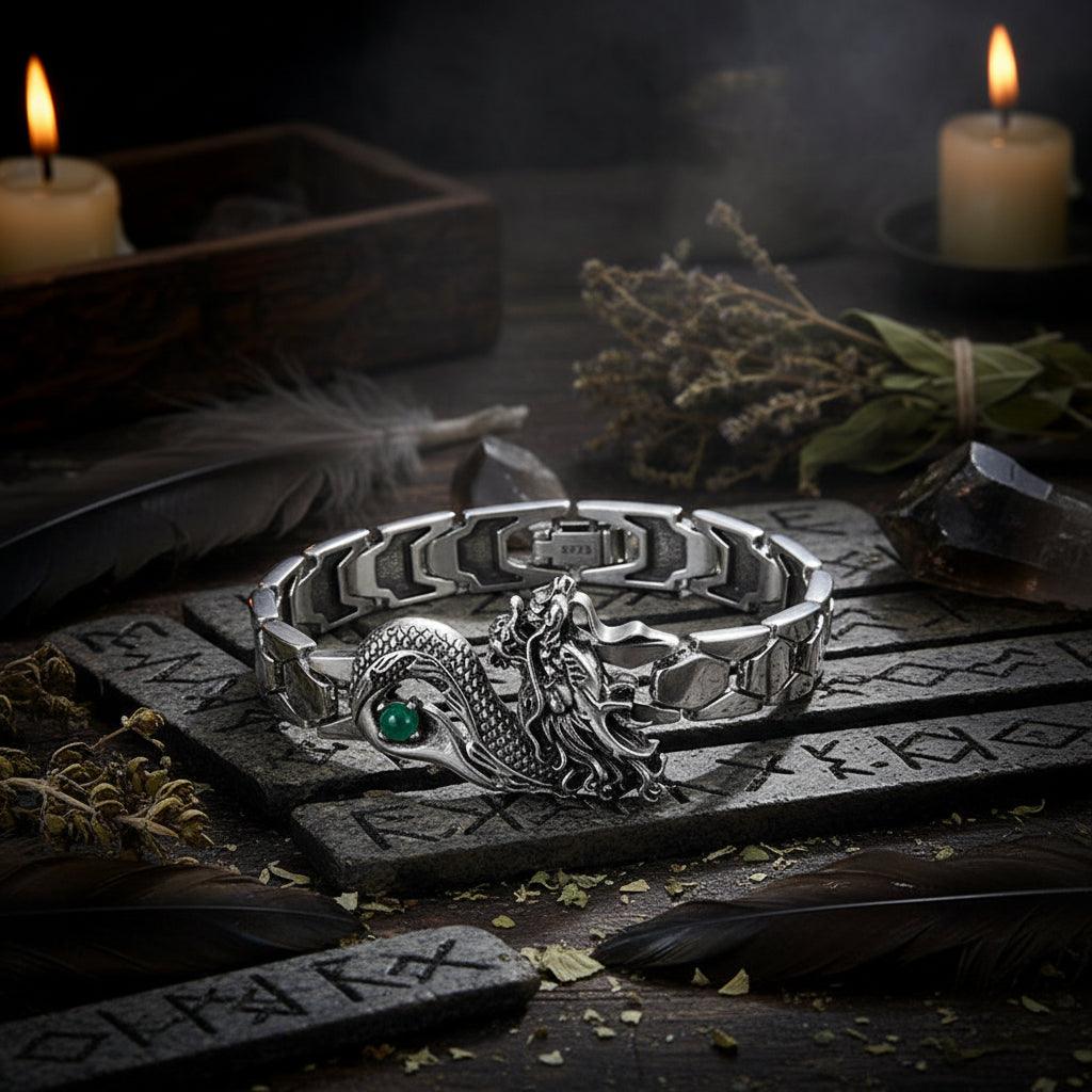 Men's Bracelet with Green Gem Dragon Totem Sorceress Sanctuary