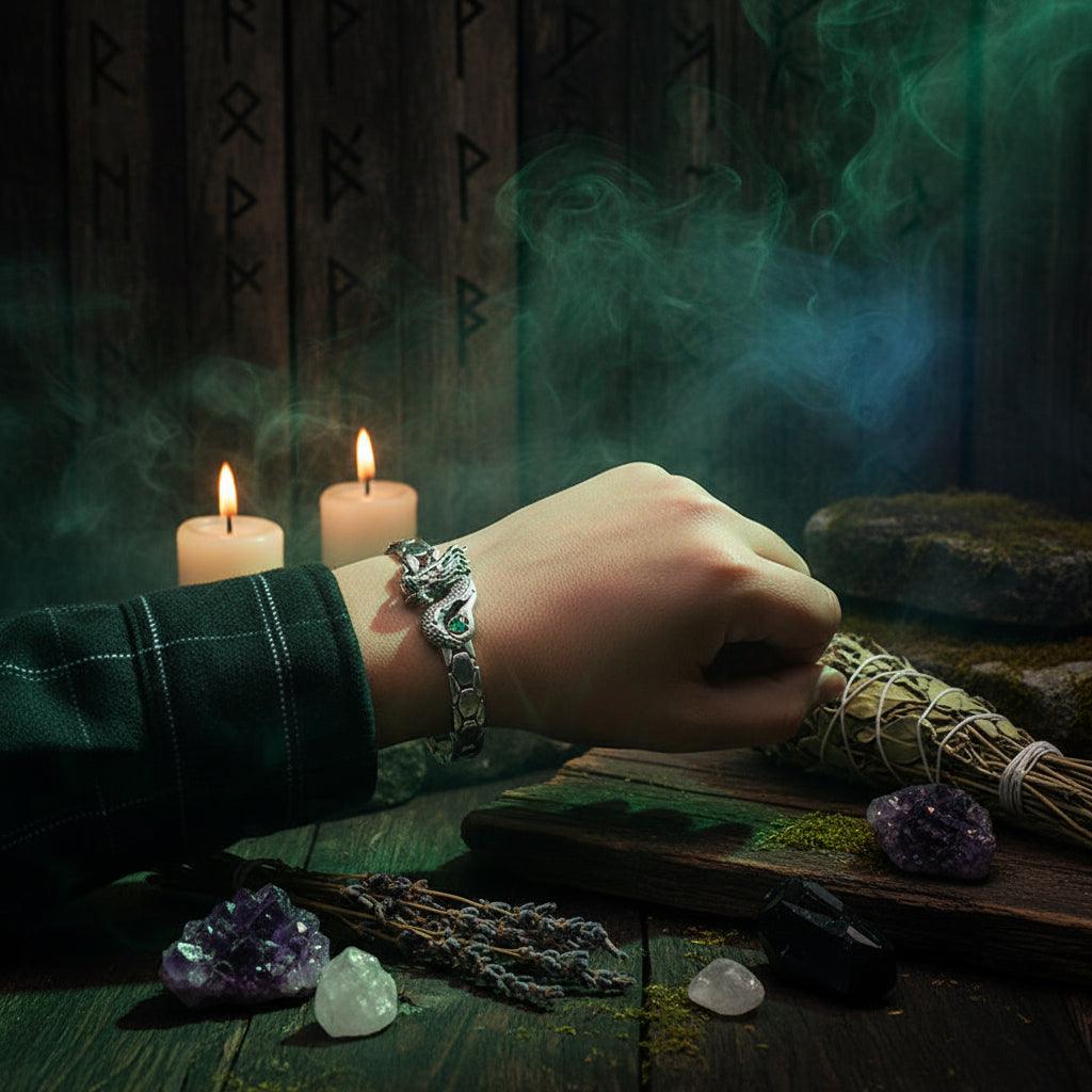Men's Bracelet with Green Gem Dragon Totem Sorceress Sanctuary