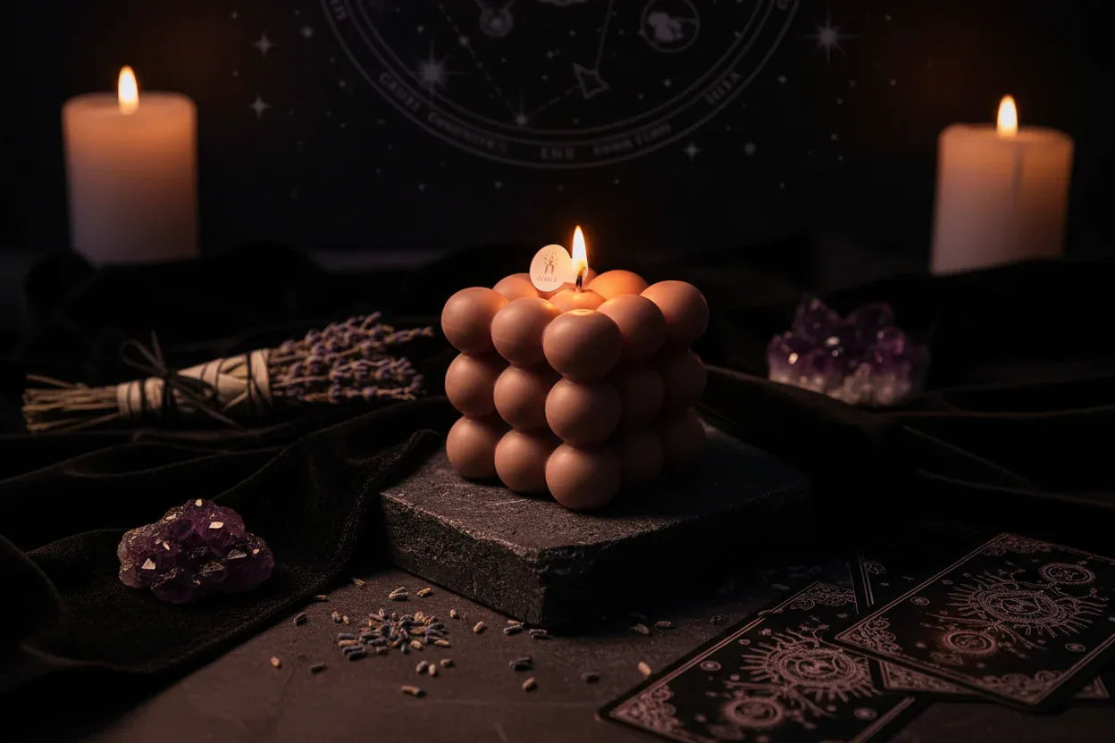 Geometric Candle - Sorceress Sanctuary Green-Yellow-Blue-Light Brown-Pink