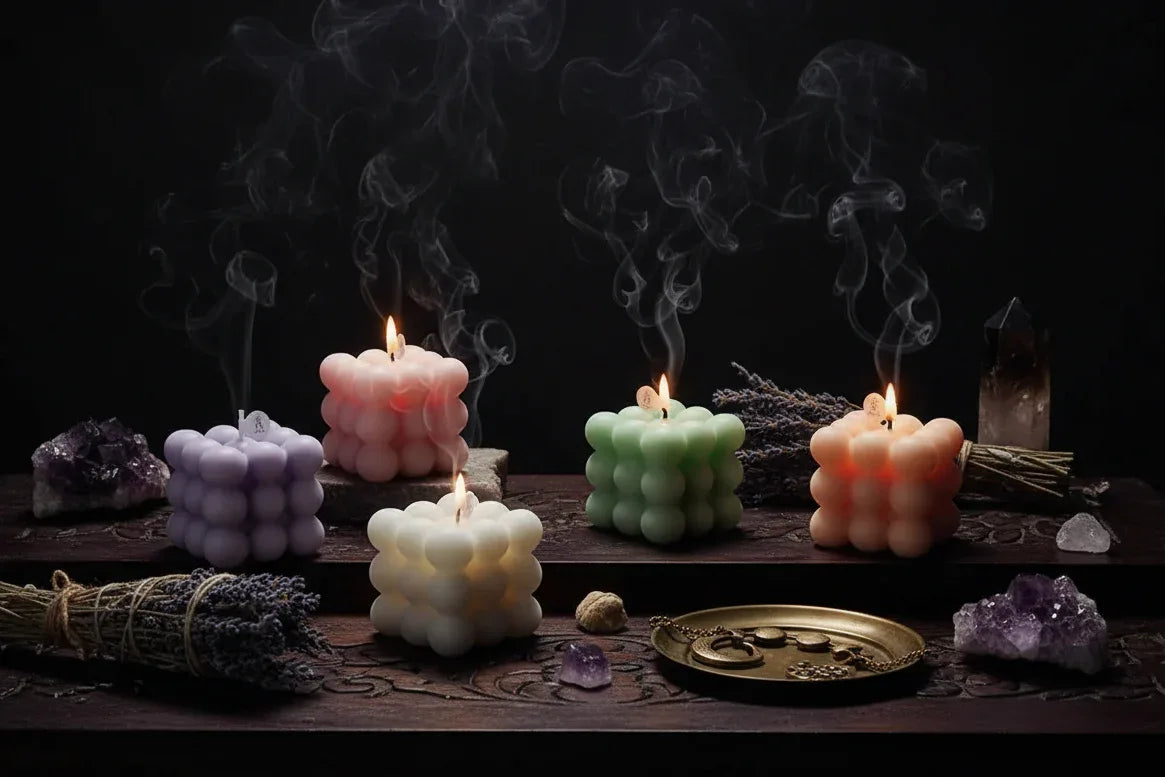 Geometric Candle - Sorceress Sanctuary Green-Yellow-Blue-Light Brown-Pink