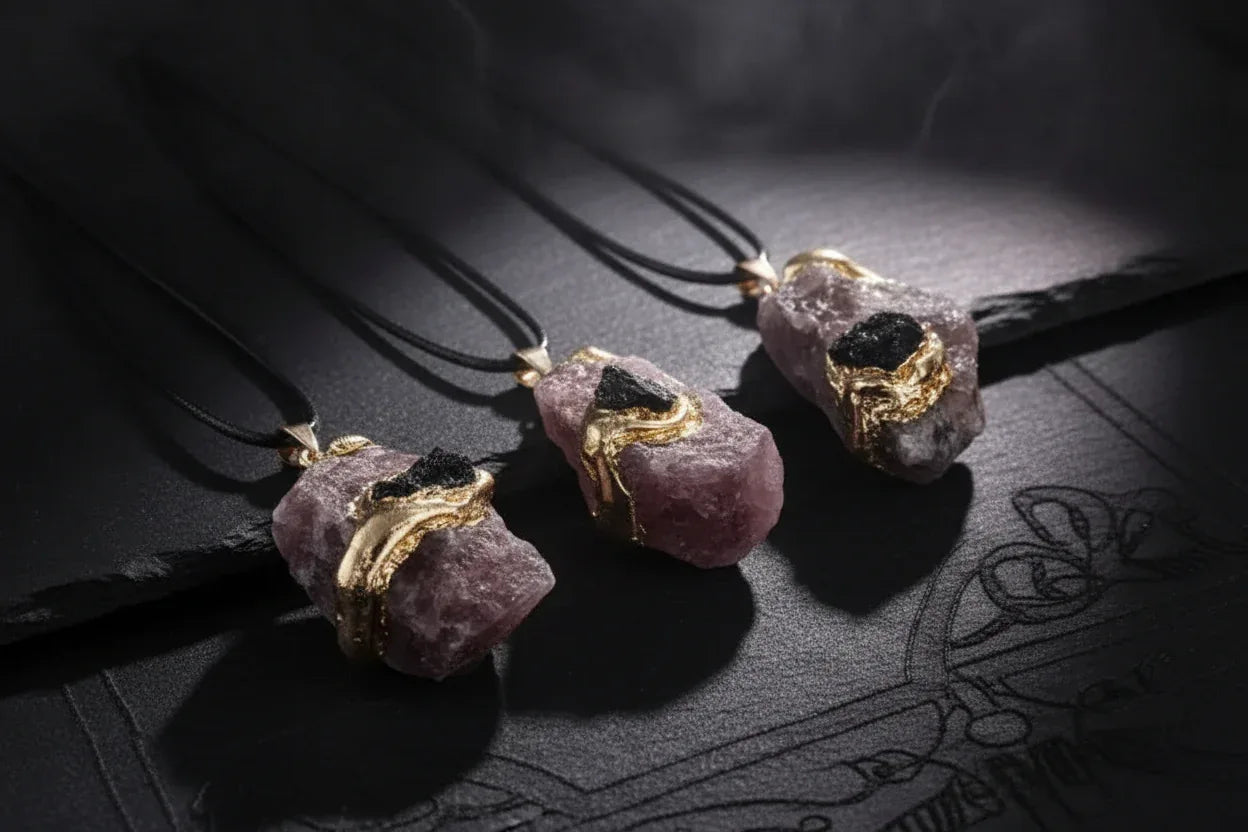 Gilded Crystal Necklace - Sorceress Sanctuary Strawberry Quartz-Lemon Crystal-Fluorite-Pink Crystal-Green Aventurine
