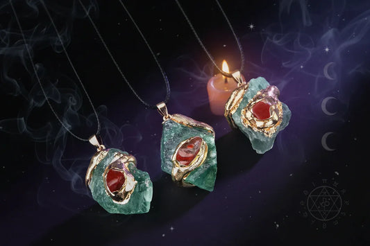 Gilded Crystal Necklace - Sorceress Sanctuary Strawberry Quartz-Lemon Crystal-Fluorite-Pink Crystal-Green Aventurine