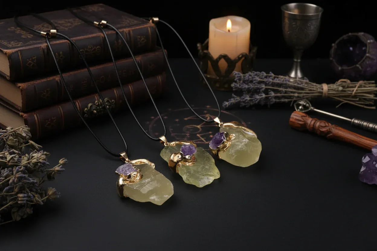 Gilded Crystal Necklace - Sorceress Sanctuary Strawberry Quartz-Lemon Crystal-Fluorite-Pink Crystal-Green Aventurine