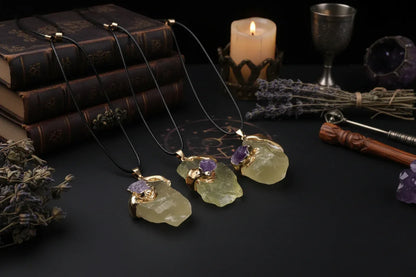Gilded Crystal Necklace - Sorceress Sanctuary Strawberry Quartz-Lemon Crystal-Fluorite-Pink Crystal-Green Aventurine