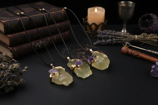 Gilded Crystal Necklace - Sorceress Sanctuary Strawberry Quartz-Lemon Crystal-Fluorite-Pink Crystal-Green Aventurine